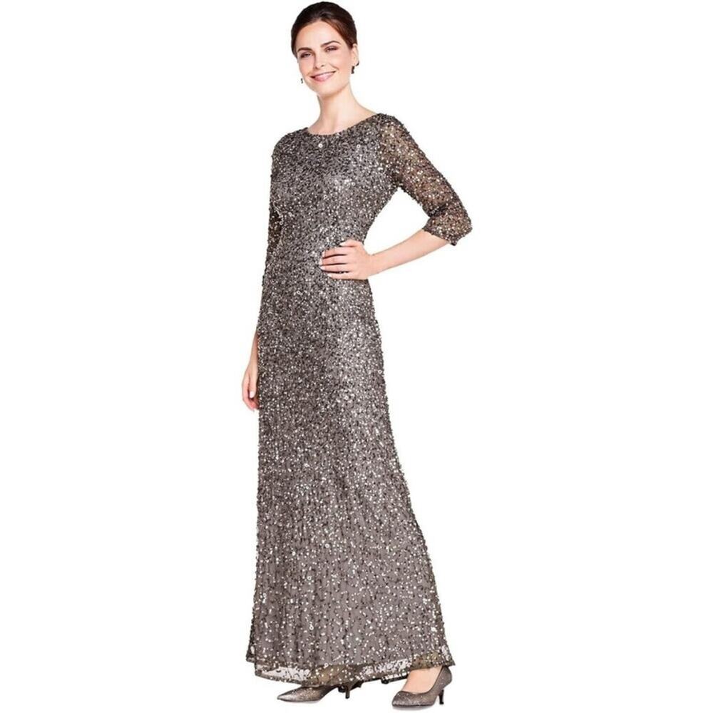 NWT Adrianna Papell 3/4 Sleeve Scoop Back Beaded Long Dress Silver Gray Size 0